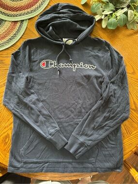 Champion Navy Blue Crewneck Hoodie with Script Logo